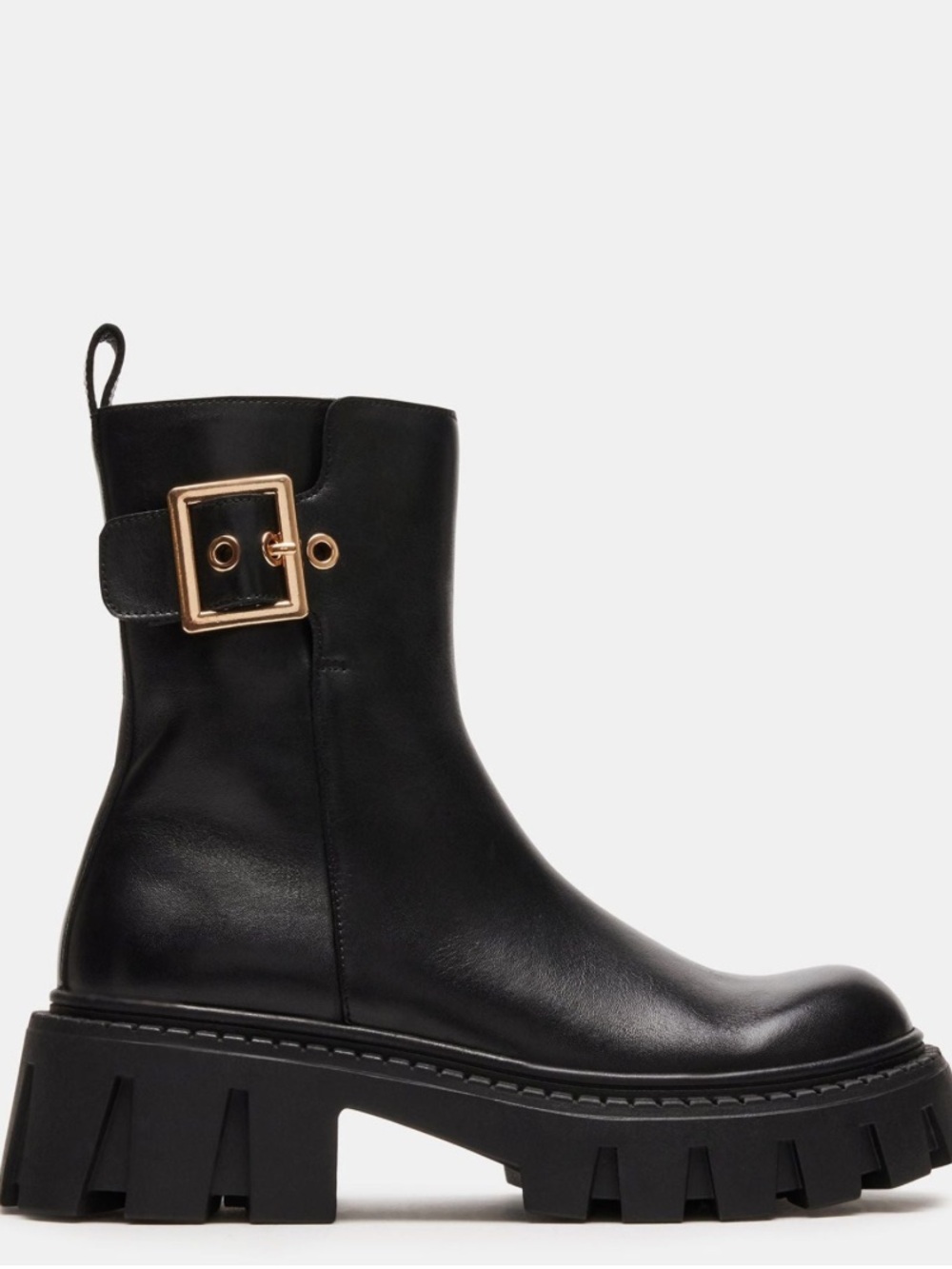 Steve Madden Sameera Black Leather Chunky Lug Sole Moto Boots Size 9